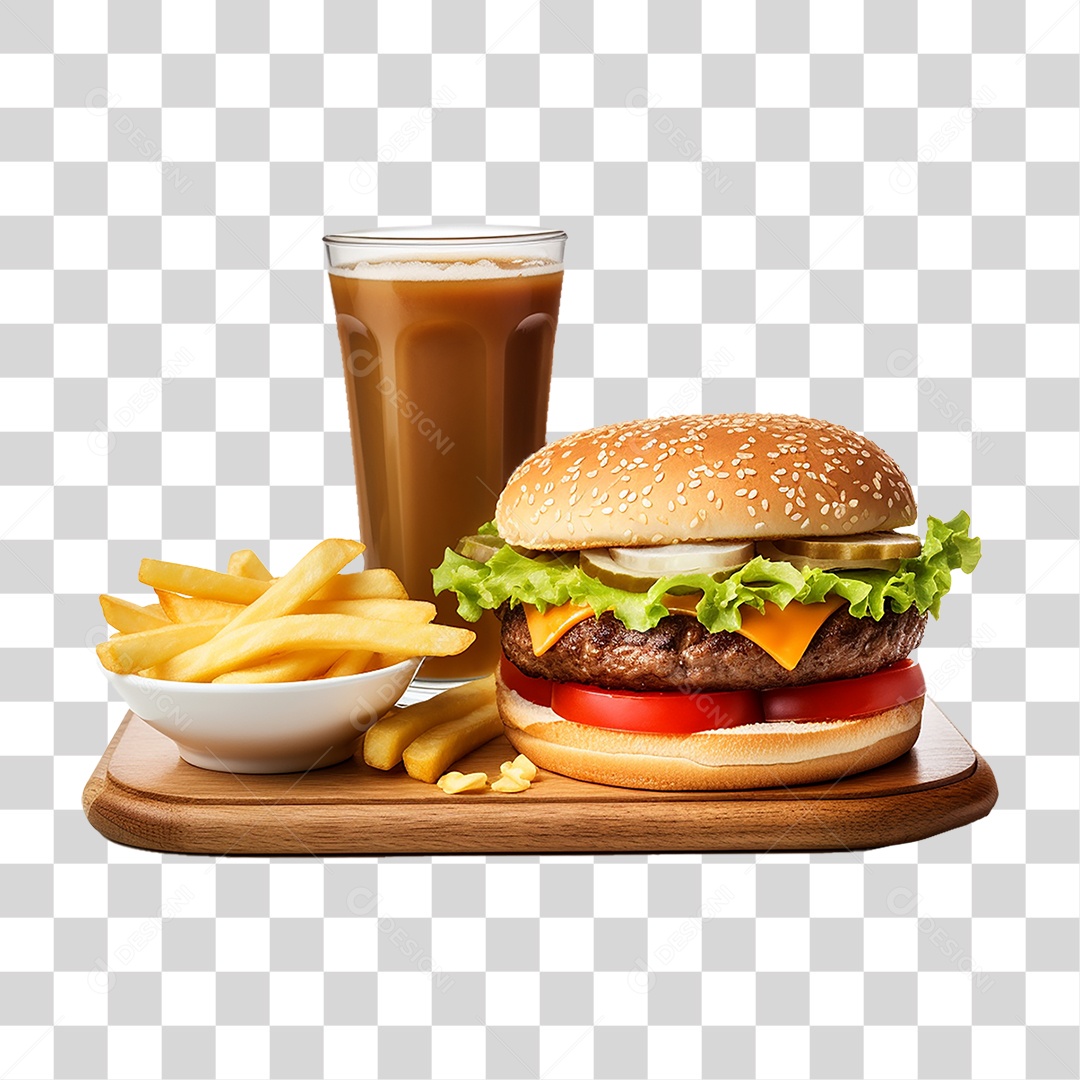 Porção de Lanches com Batata Frita e Refrigerantes PNG Transparente