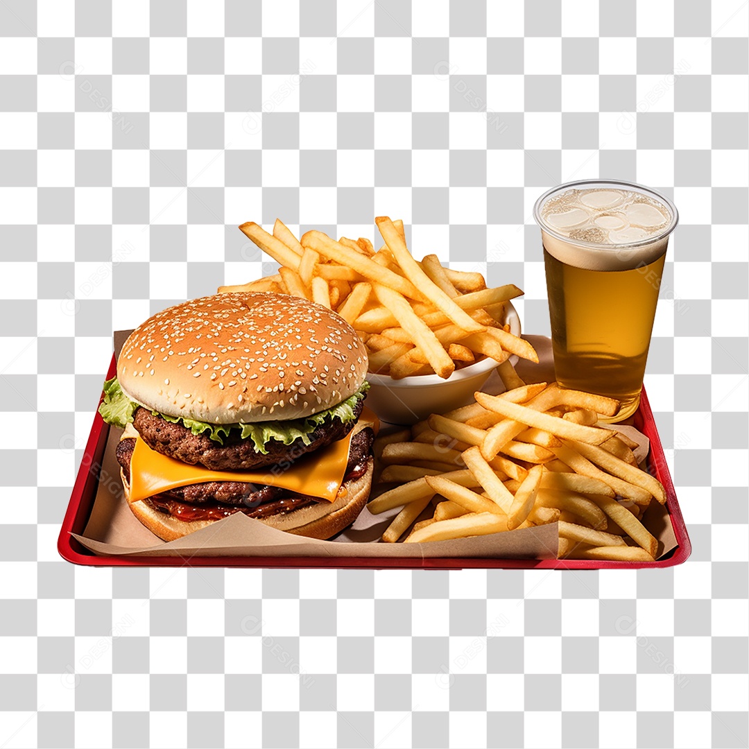 Porção de Lanches com Batata Frita e Refrigerantes PNG Transparente