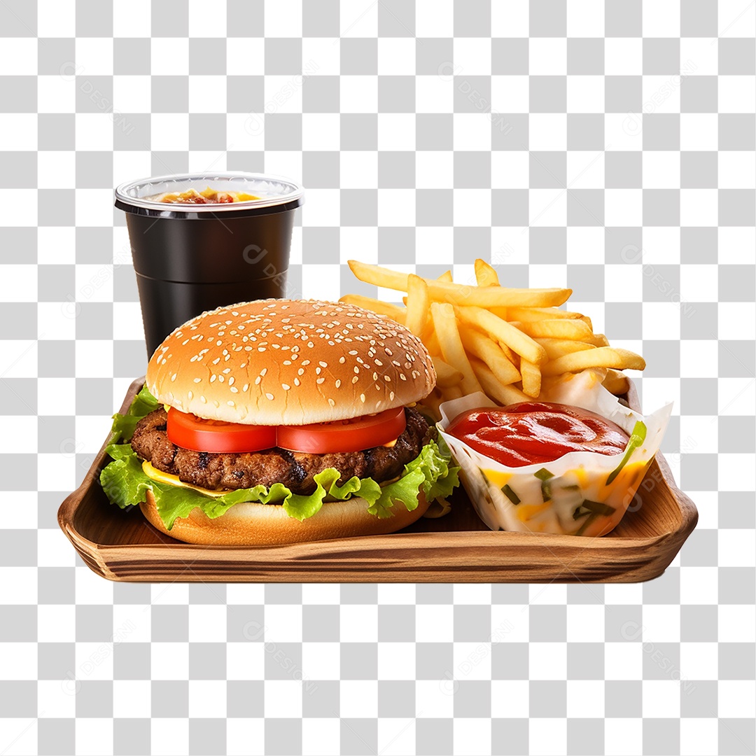 Porção de Lanches com Batata Frita e Refrigerantes PNG Transparente