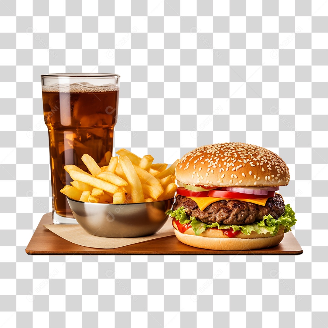 Porção de Lanches com Batata Frita e Refrigerantes PNG Transparente