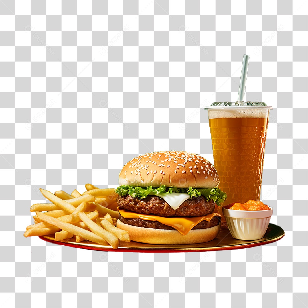 Porção de Lanches com Batata Frita e Refrigerantes PNG Transparente