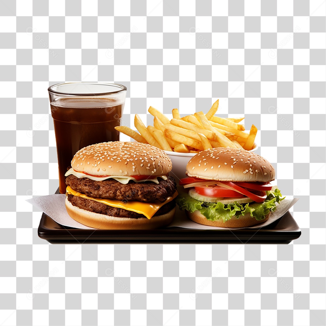 Porção de Lanches com Batata Frita e Refrigerantes PNG Transparente