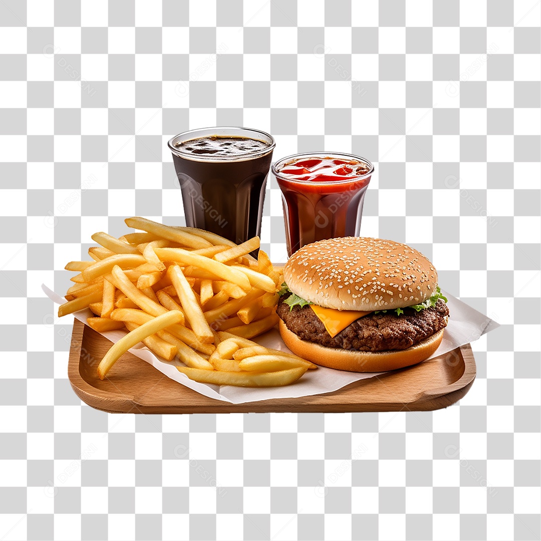 Porção de Lanches com Batata Frita e Refrigerantes PNG Transparente