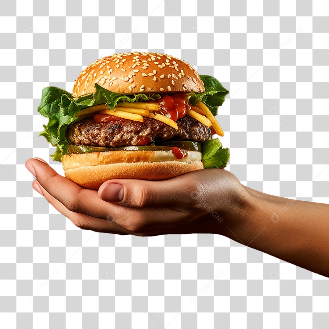 Mão com Hambúrguer Lanches PNG Transparente
