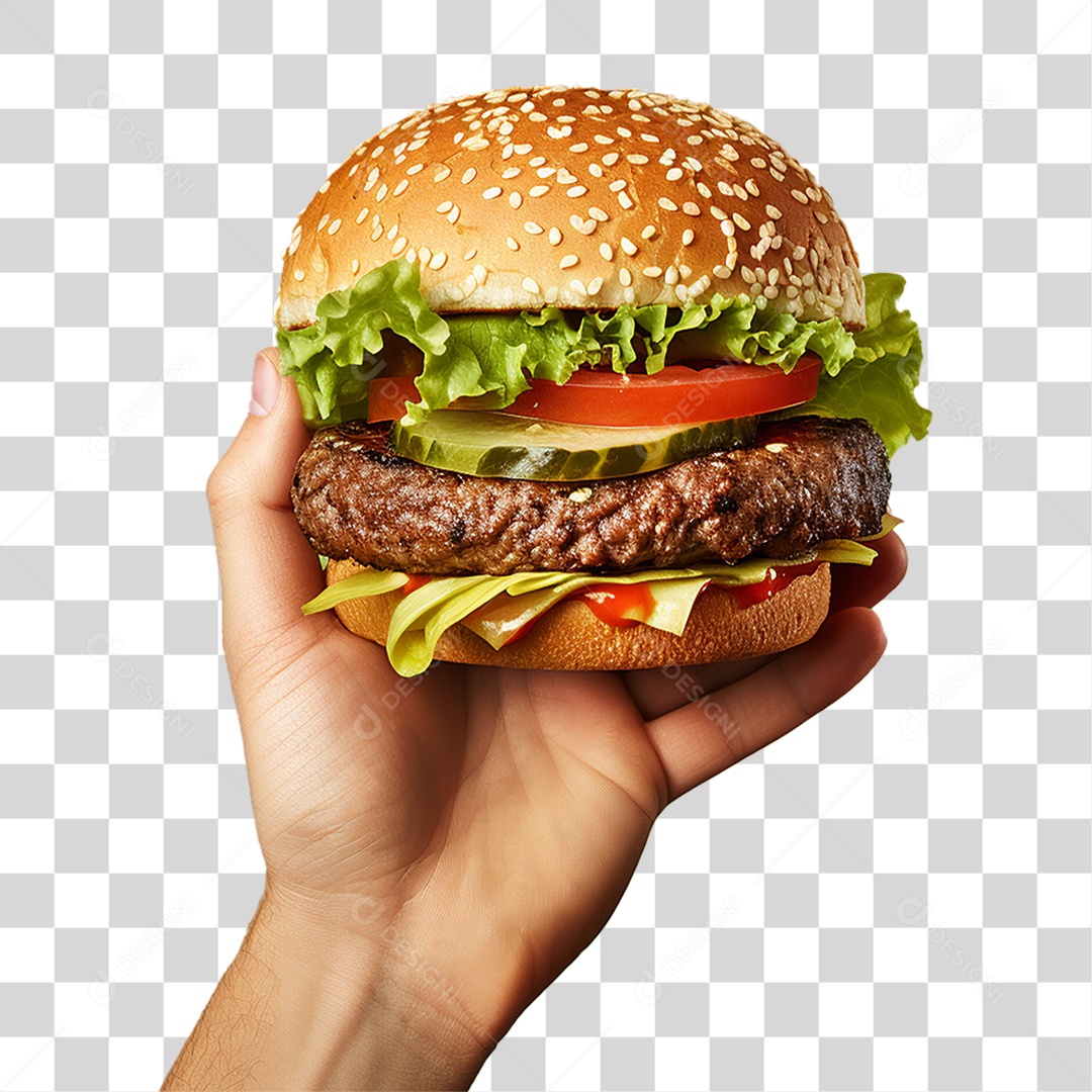 Mão com Hambúrguer Lanches PNG Transparente