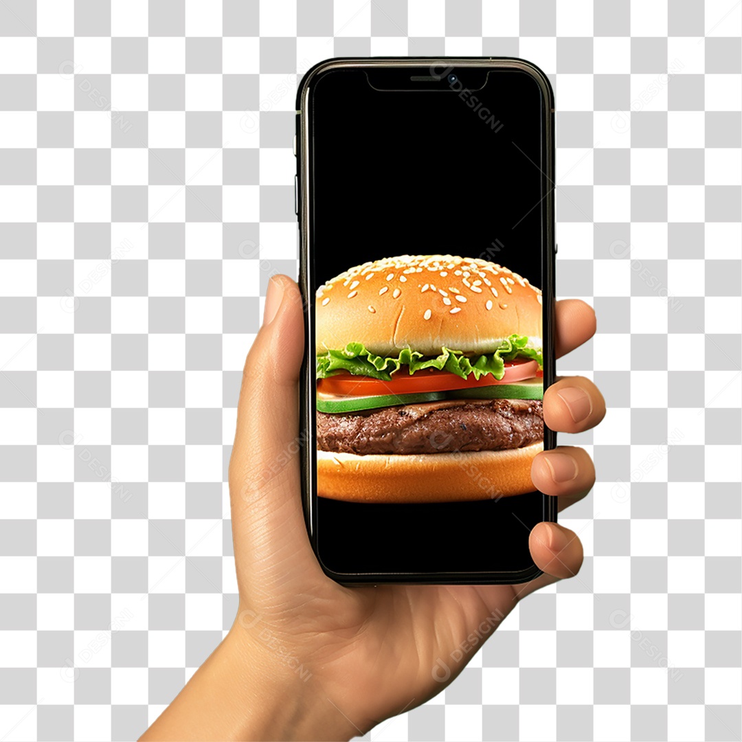 Mão Segurando Celular com Imagem de Hambúrguer PNG Transparente