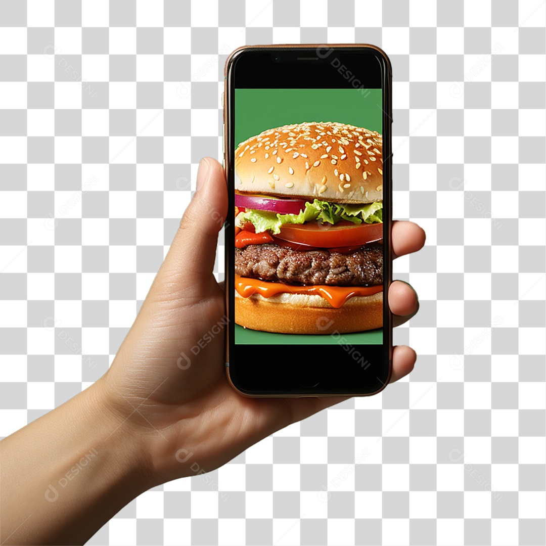 Mão Segurando Celular com Imagem de Hambúrguer PNG Transparente