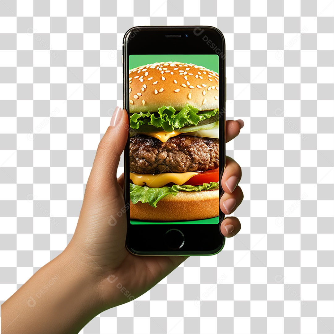 Mão Segurando Celular com Imagem de Hambúrguer PNG Transparente