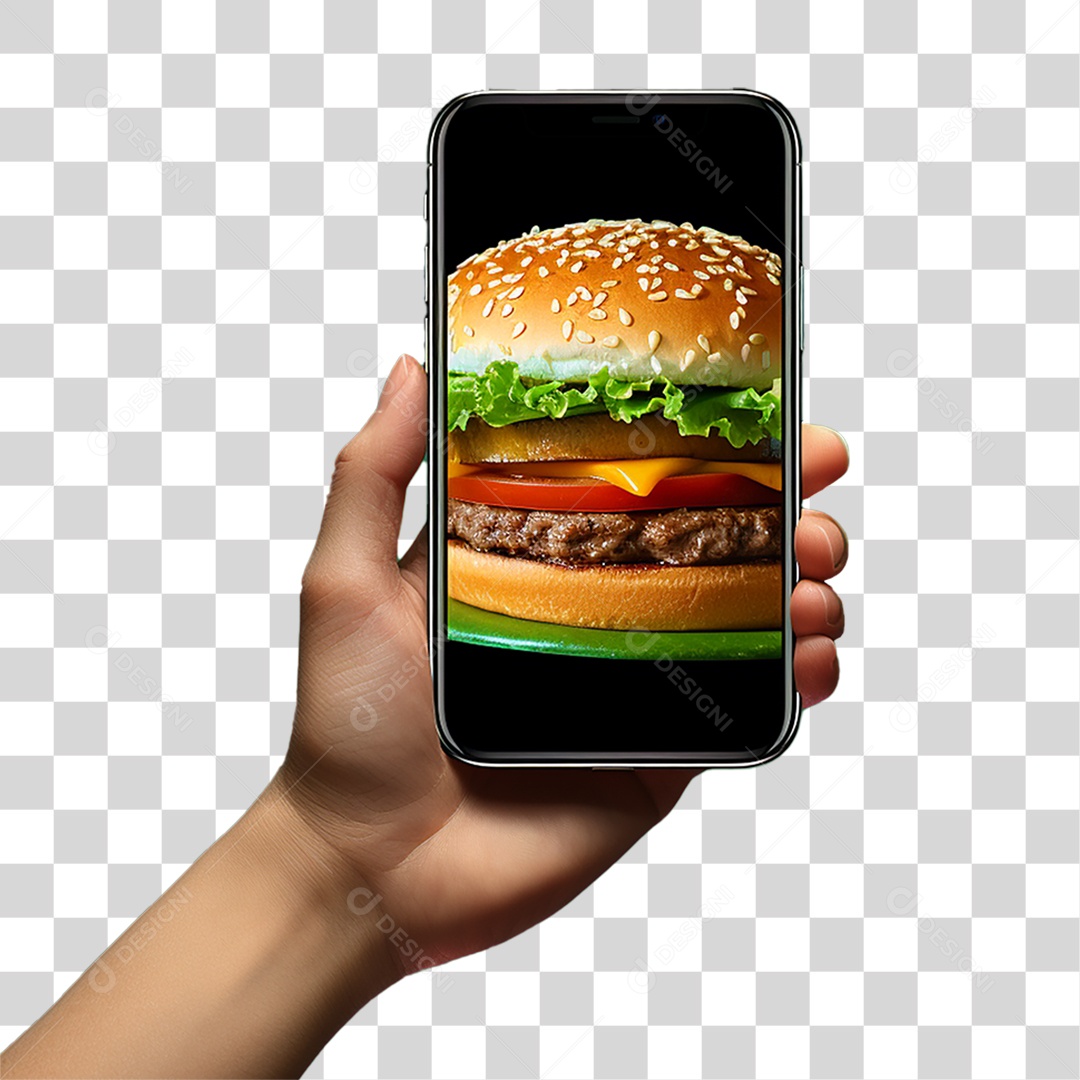 Mão Segurando Celular com Imagem de Hambúrguer PNG Transparente