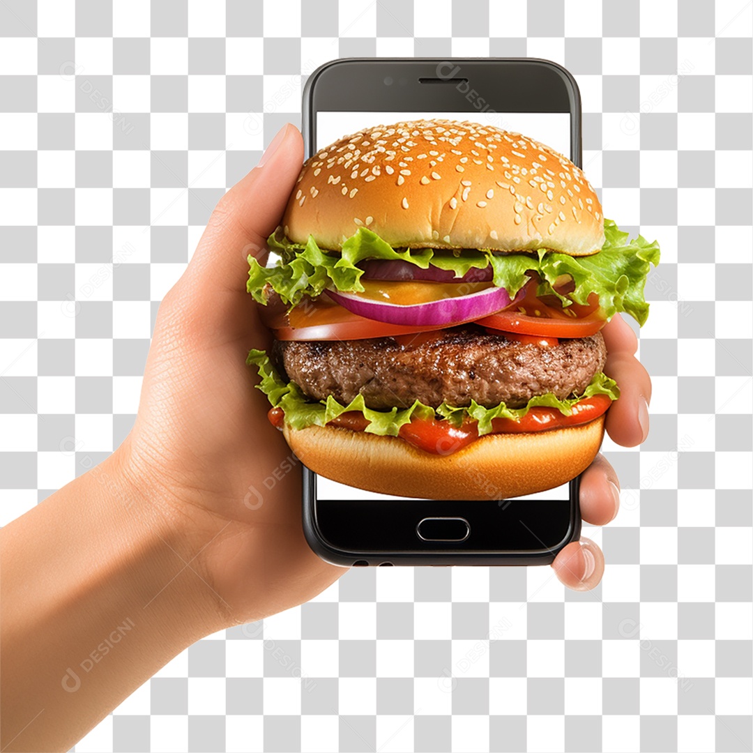 Mão Segurando Celular com Imagem de Hambúrguer PNG Transparente