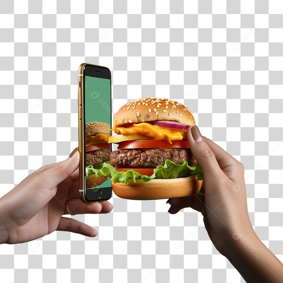 Mãos Segurando Celular e Hambúrguer PNG Transparente