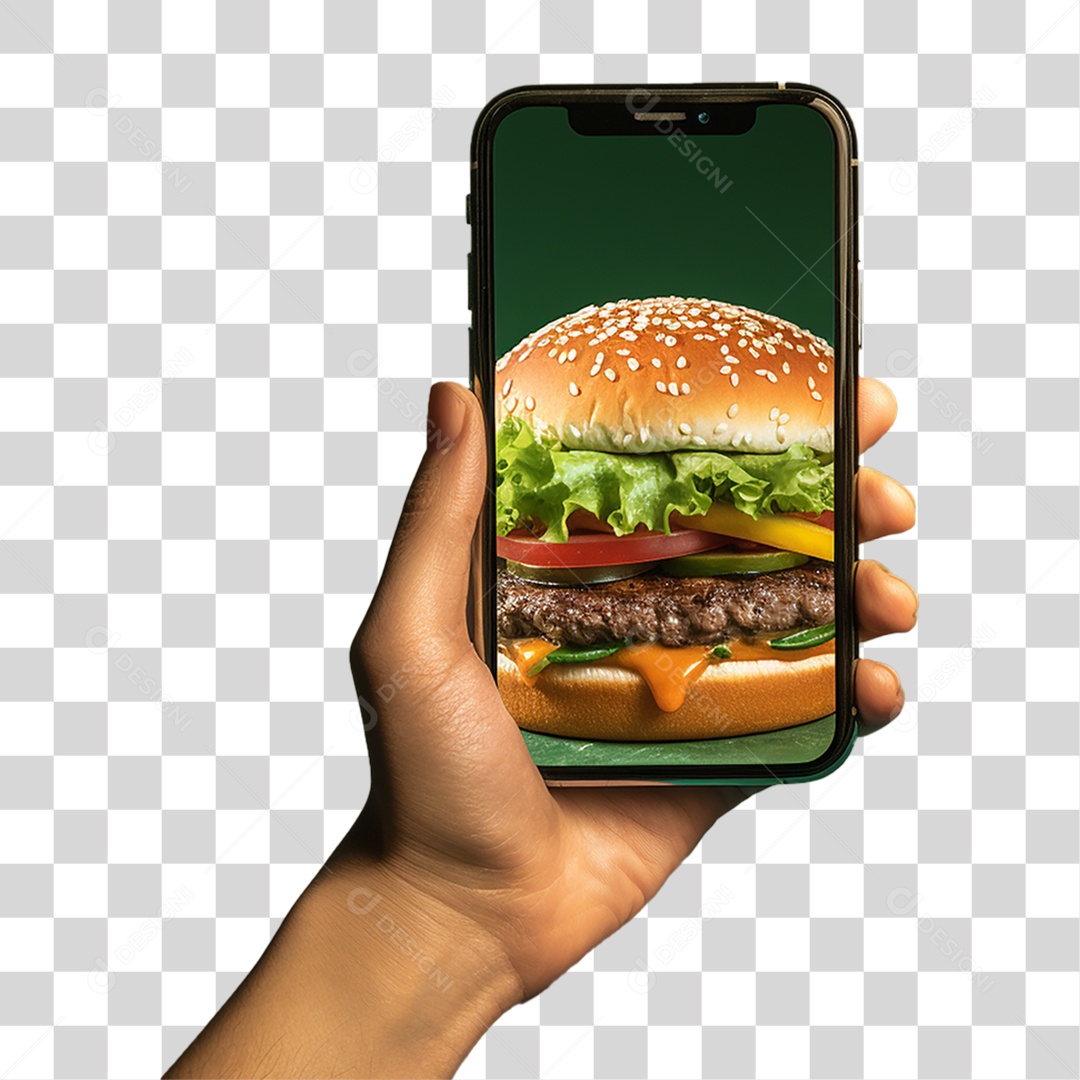 Mão Segurando Celular com Imagem de Hambúrguer PNG Transparente