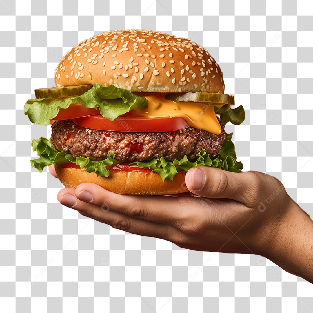 Mão com Hambúrguer Lanches PNG Transparente