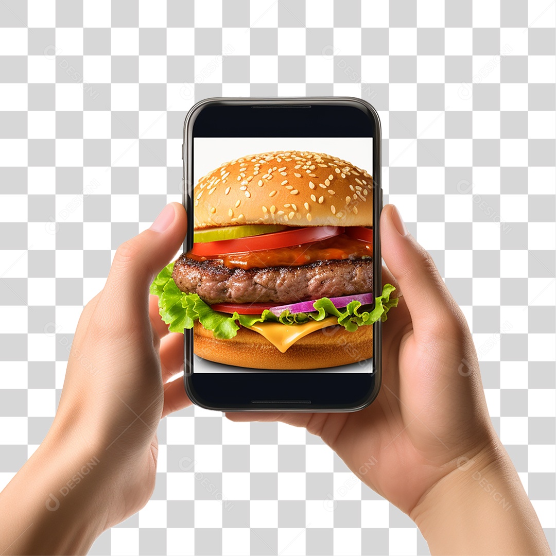 Mão Segurando Celular com Imagem de Hambúrguer PNG Transparente