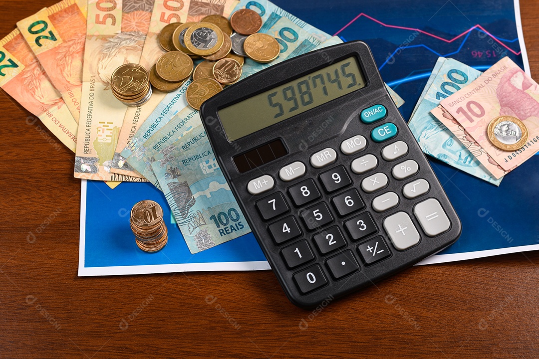 Notas de dinheiro moedas calculadora