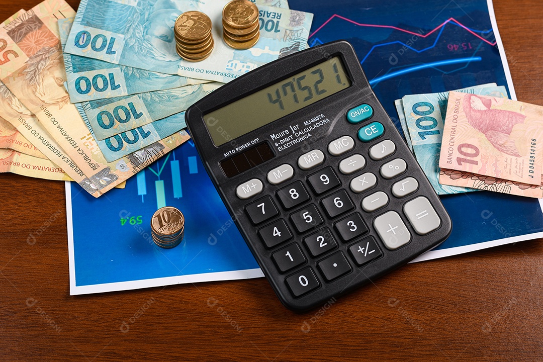 Notas de dinheiro moedas calculadora