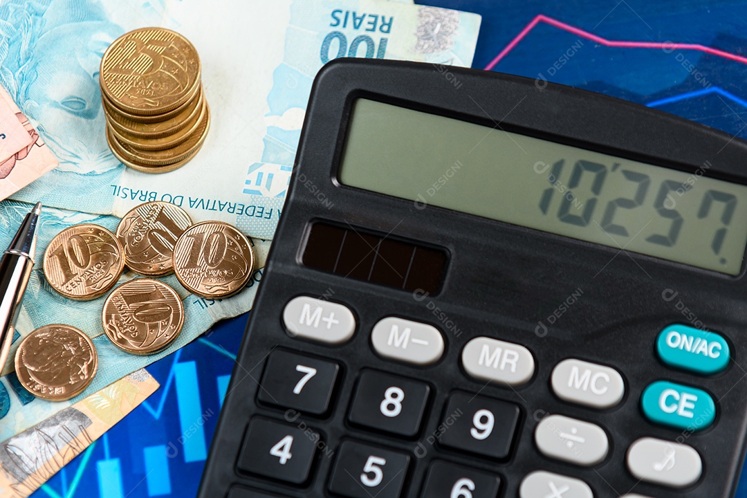 Notas de dinheiro moedas calculadora