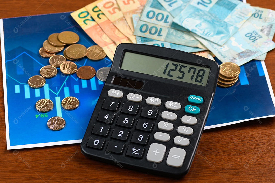 Notas de dinheiro moedas calculadora