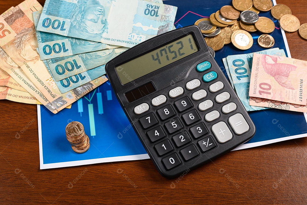 Notas de dinheiro moedas calculadora