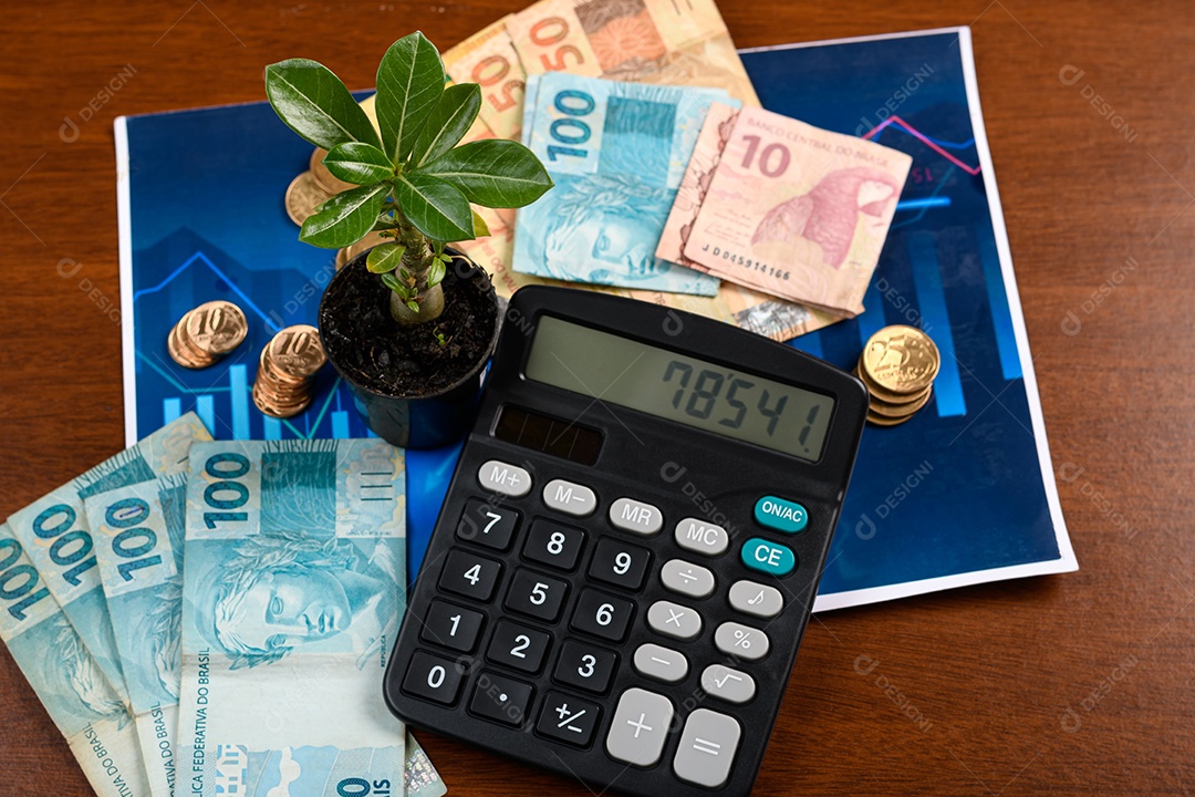 Notas de dinheiro moedas calculadora e mini planta