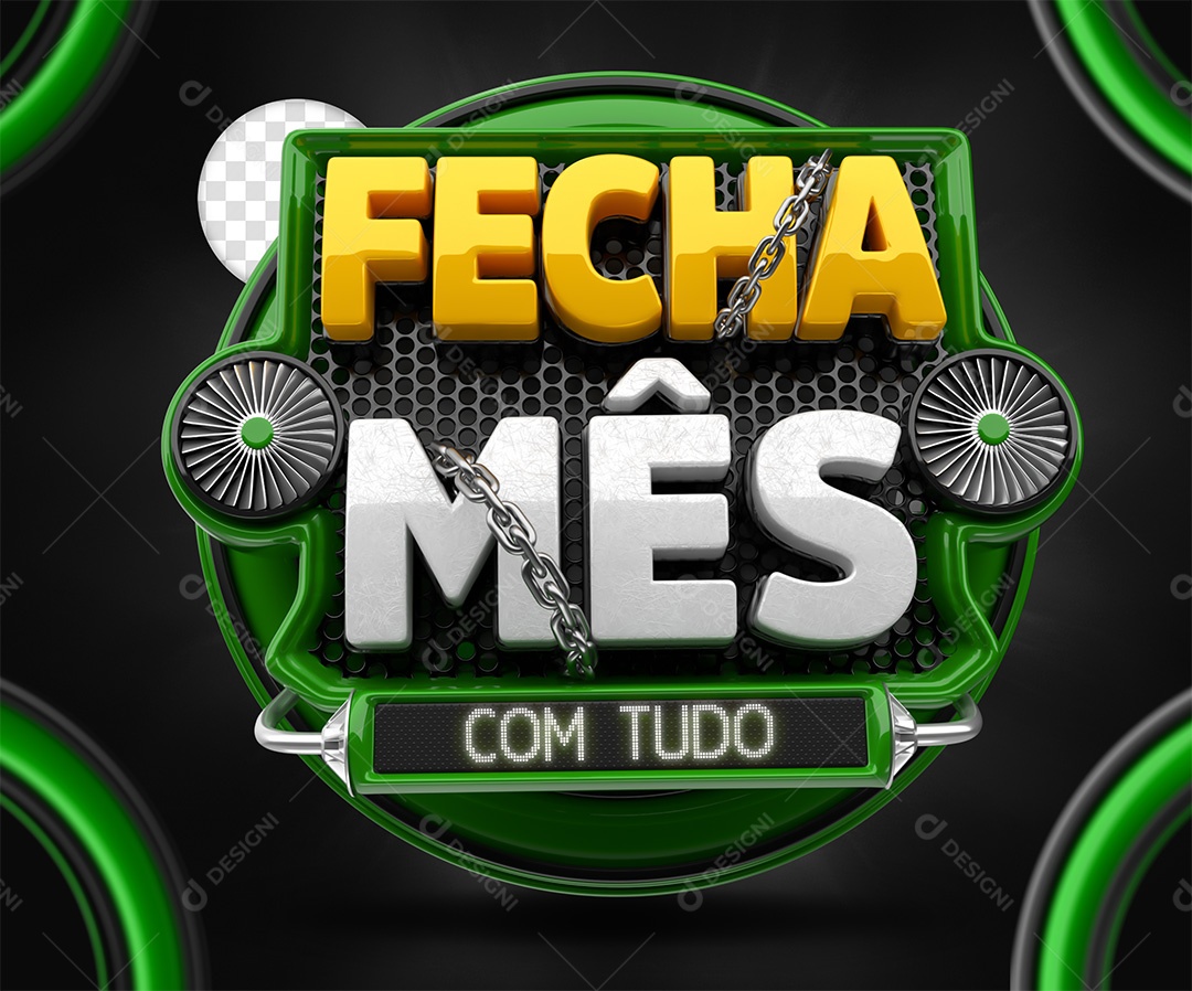 Selo 3D Fecha Mês Com Tudo Verde Amarelo e branco para Composição PSD