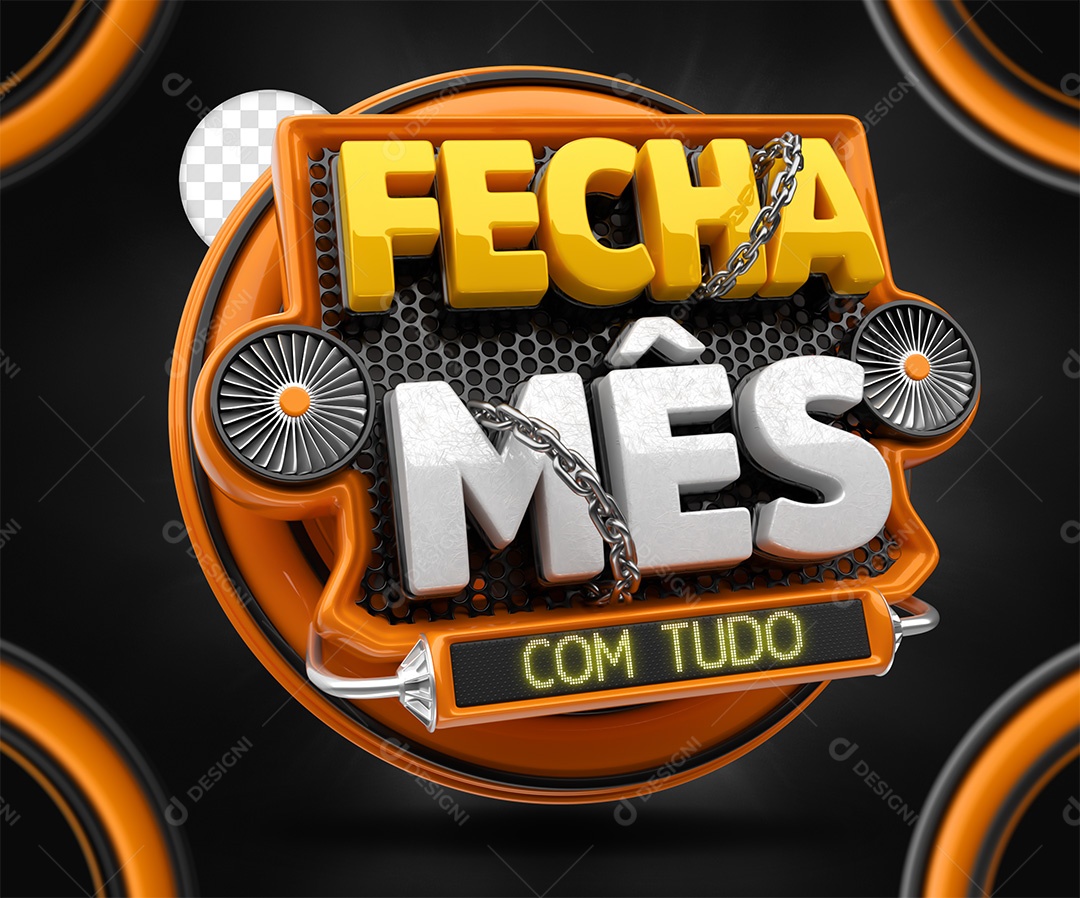 Fecha Mês Com Tudo Selo 3D Laranja Amarelo e branco para Composição PSD