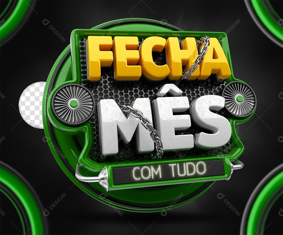 Fecha Mês Com Tudo Selo 3D Verde Amarelo e branco para Composição PSD