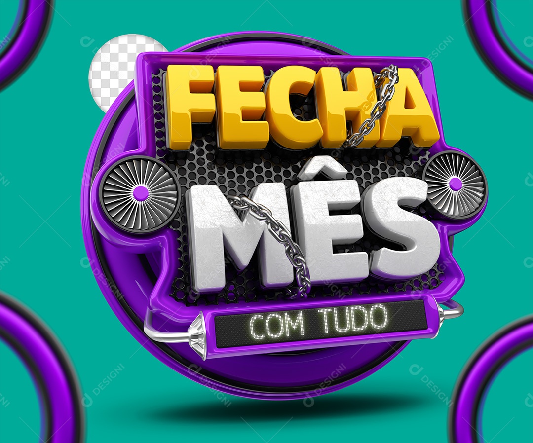 Fecha Mês Com Tudo Selo 3D Roxo e branco para Composição PSD