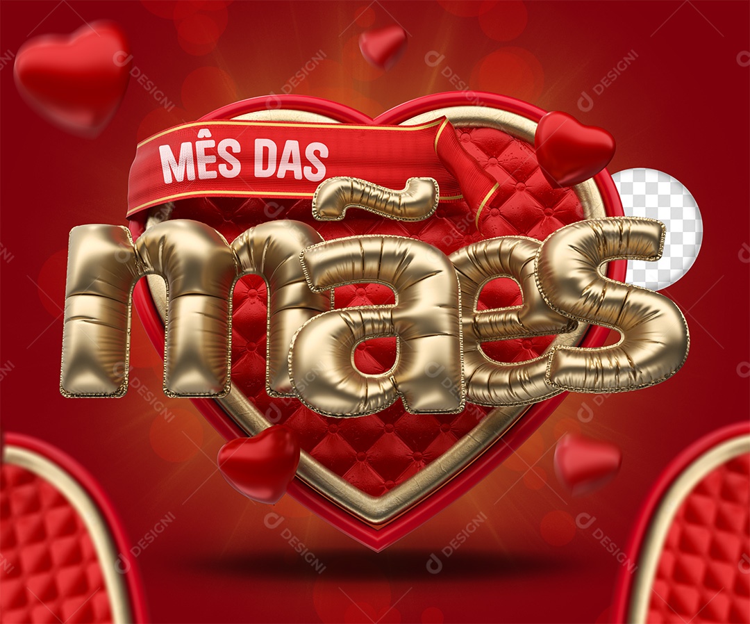 Selo 3D Mês das Mães Vermelho e dourado para Composição PSD