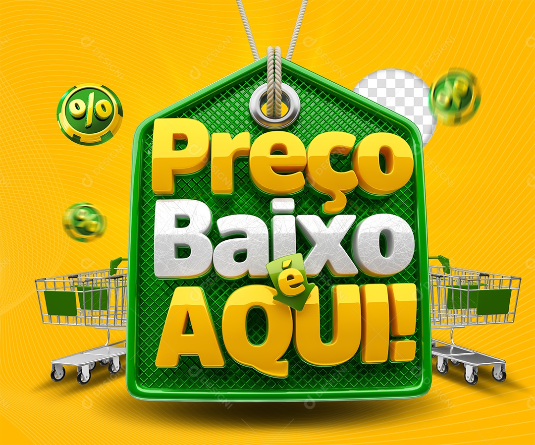 Selo 3D Preço Baixo é Aqui Amarelo e verde para Composição PSD
