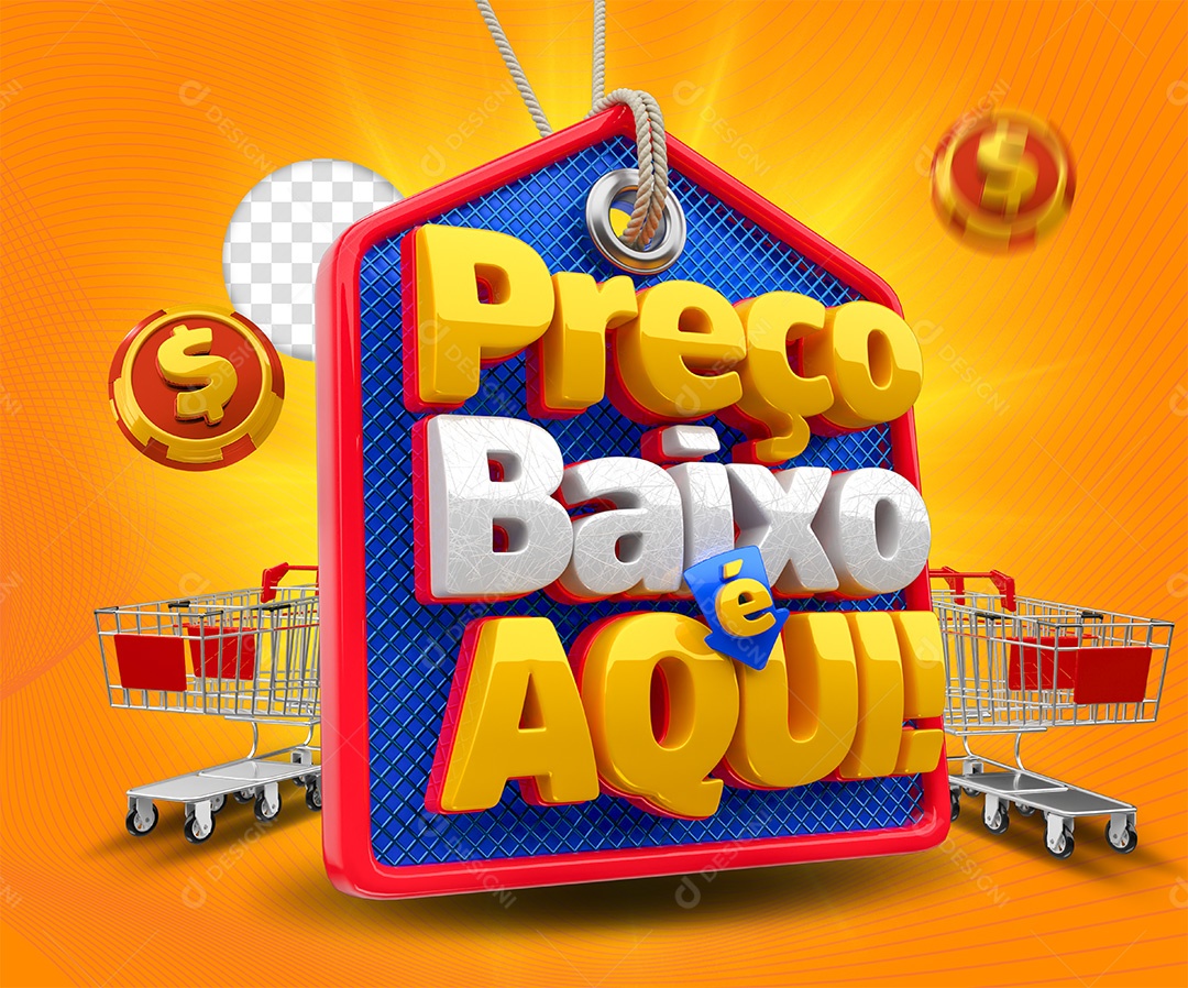 Preço Baixo é Aqui Selo 3D Azul vermelho e Amarelo para Composição PSD