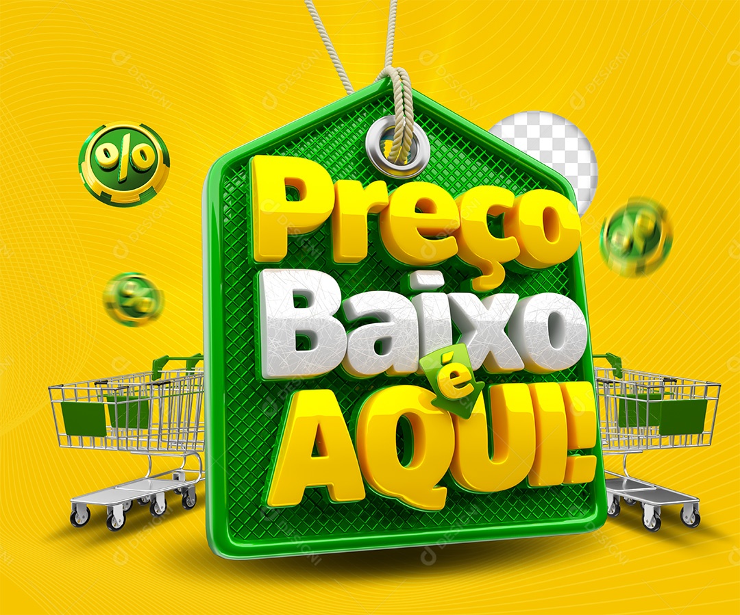 Preço Baixo é Aqui Selo 3D Amarelo e verde para Composição PSD