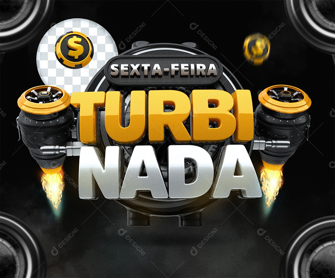 Selo 3D Sexta Feira Turbinada Preto amarelo e Cinza para Composição PSD