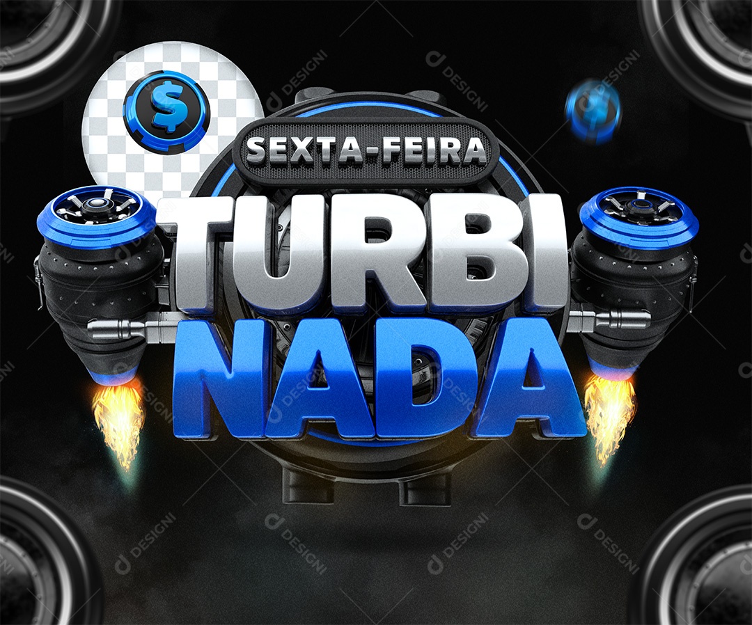 Selo 3D Sexta Feira Turbinada Preto Azul e Cinza para Composição PSD