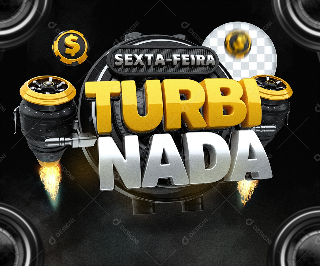 Sexta Feira Turbinada Selo 3D Preto Amarelo e Cinza para Composição PSD