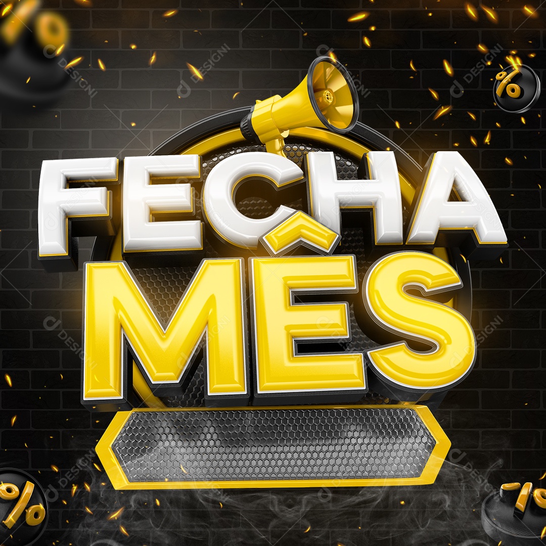 Fecha Mês Selo 3D Branco e amarelo para Composição PSD