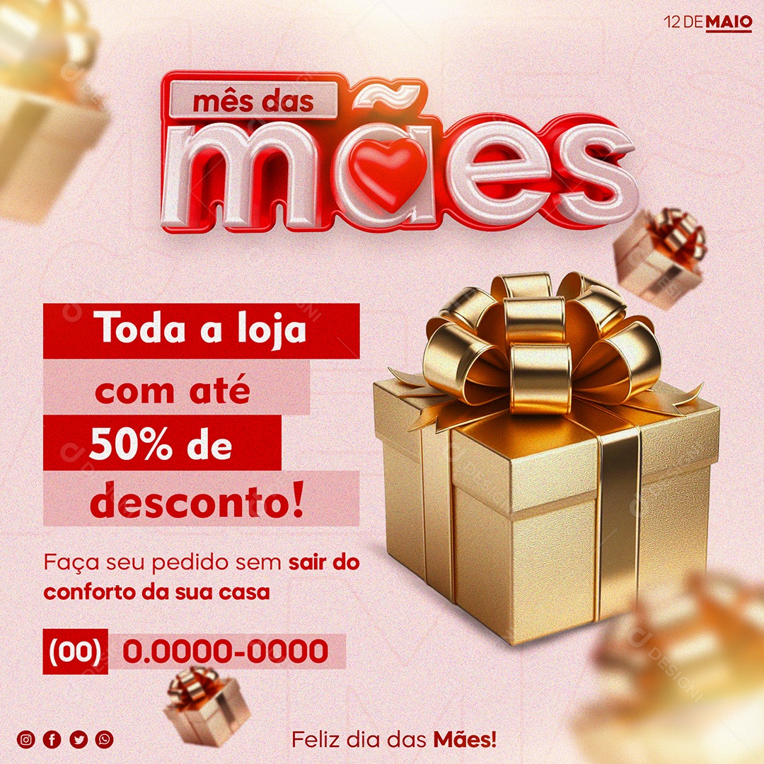 Mês das Mães Loja Toda a Loja com Até 50% de Desconto Social Media PSD Editável
