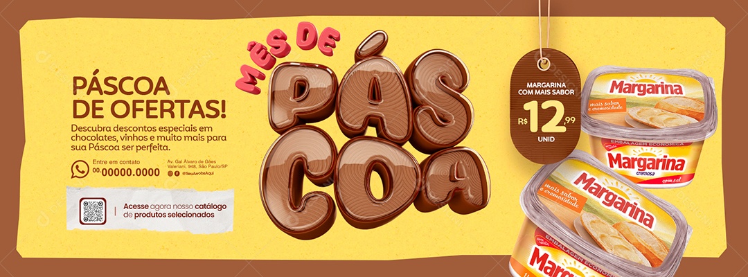 Banner Mês de Páscoa Supermercado Margarina Páscoa de Ofertas Social Media PSD Editável