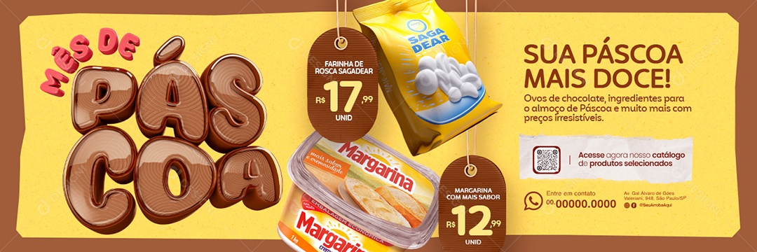 Banner Mês de Páscoa Supermercado Farinha de Rosca e Margarina Social Media PSD Editável