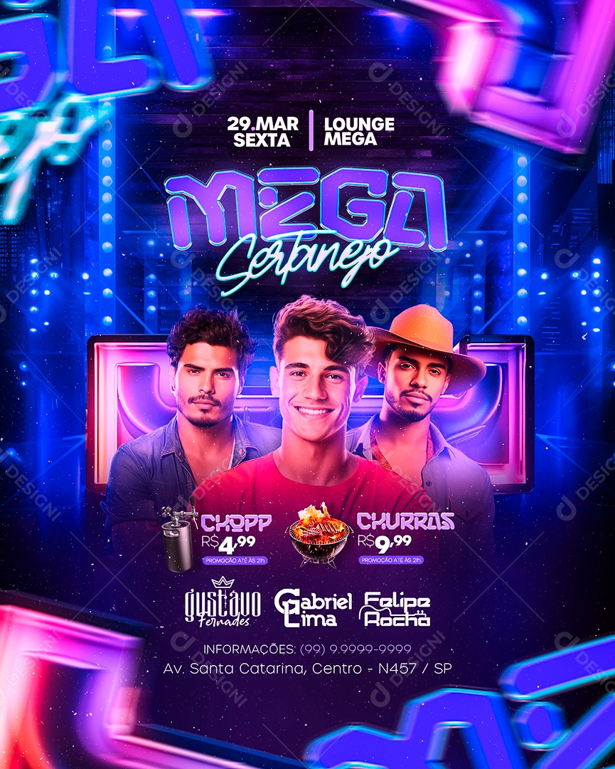 Flyer Mega Sertanejo Gustavo Fernades Gabriel Lima Felipe Rocha Social Media PSD Editável