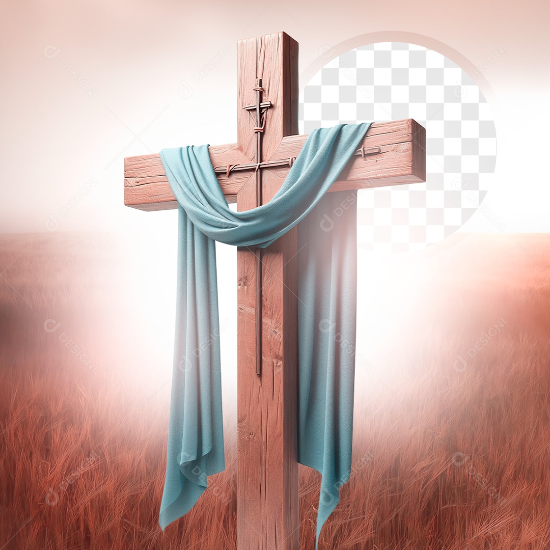 Cruz do Calvário Elemento 3D com Véu Azul para Composição PSD
