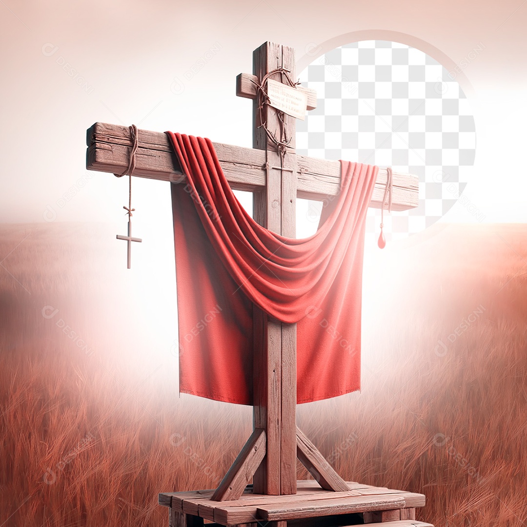 Cruz do Calvário Elemento 3D com Véu Vermelho para Composição PSD