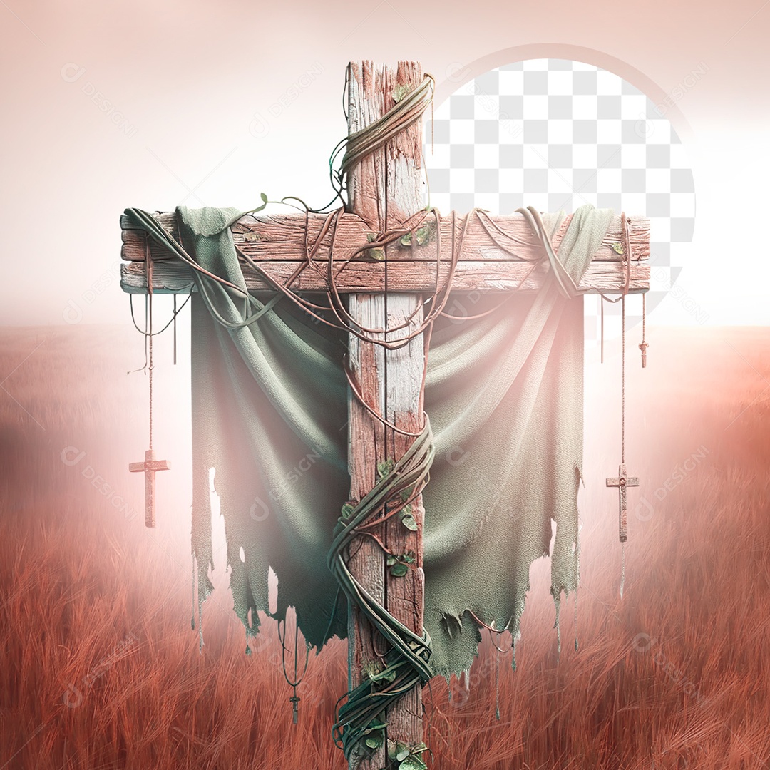 Cruz do Calvário Elemento 3D com Véu Verde para Composição PSD