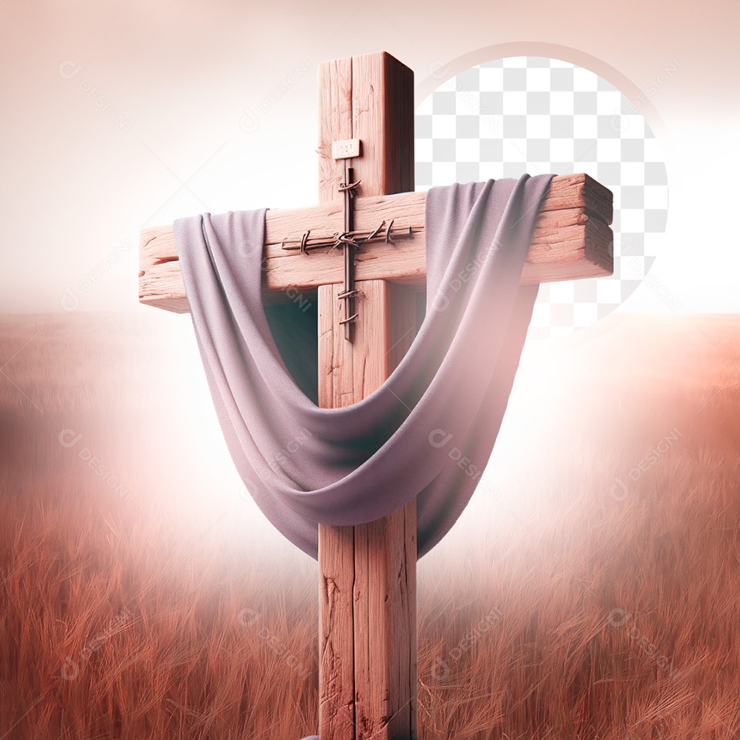 Cruz do Calvário Elemento 3D com Véu Roxo para Composição PSD