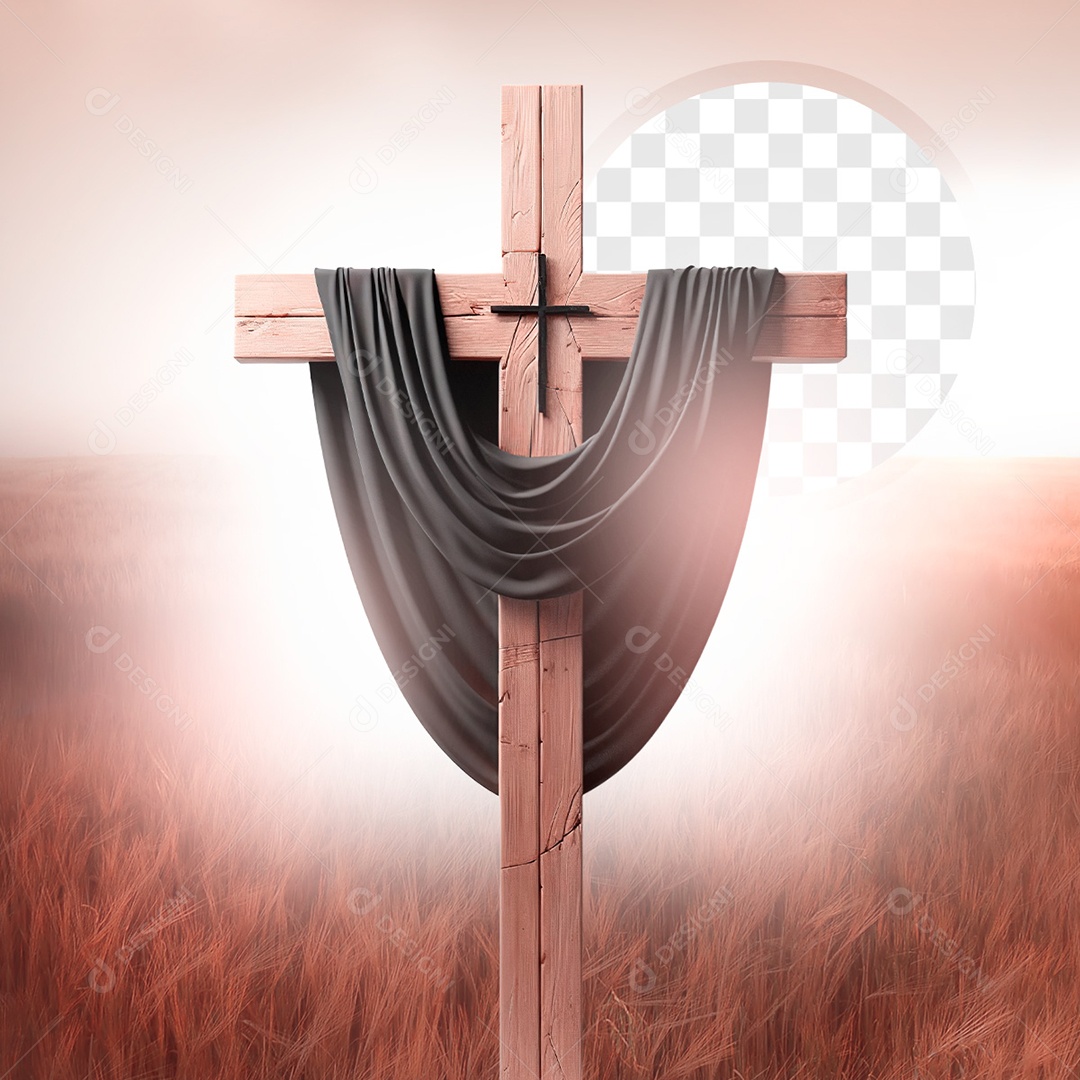 Cruz do Calvário Elemento 3D com Véu Preto para Composição PSD
