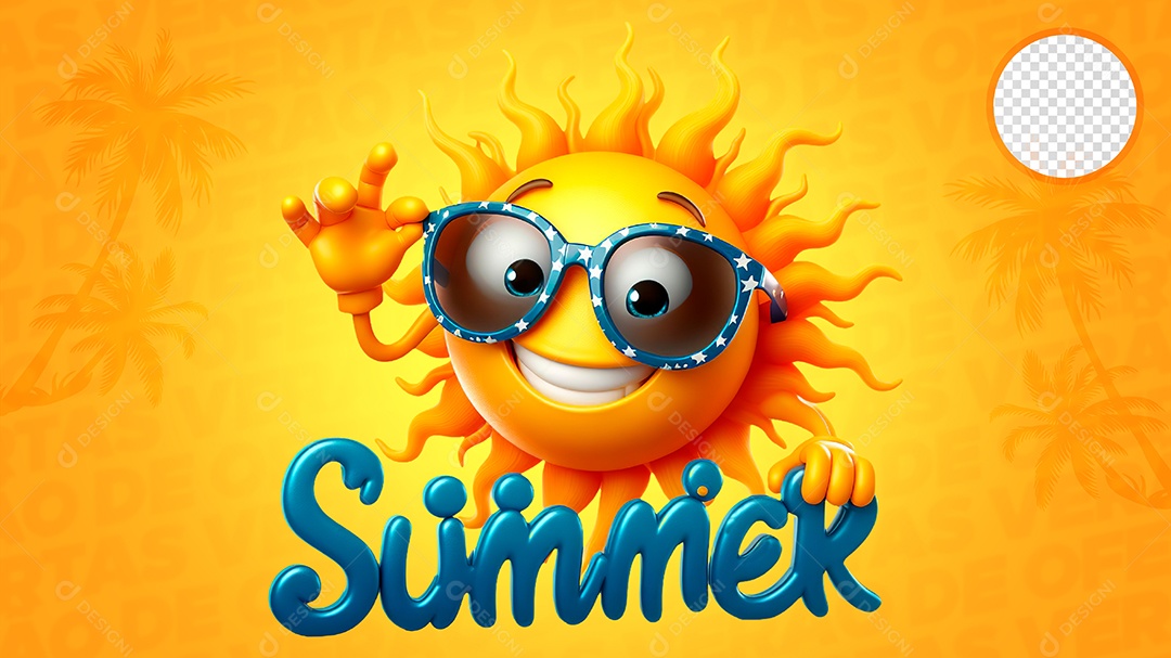 Selo 3D Verão Amarelo laranja e azul para Composição PSD