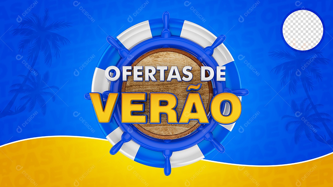 Ofertas de Verão Selo 3D Azul branco e Amarelo para Composição PSD