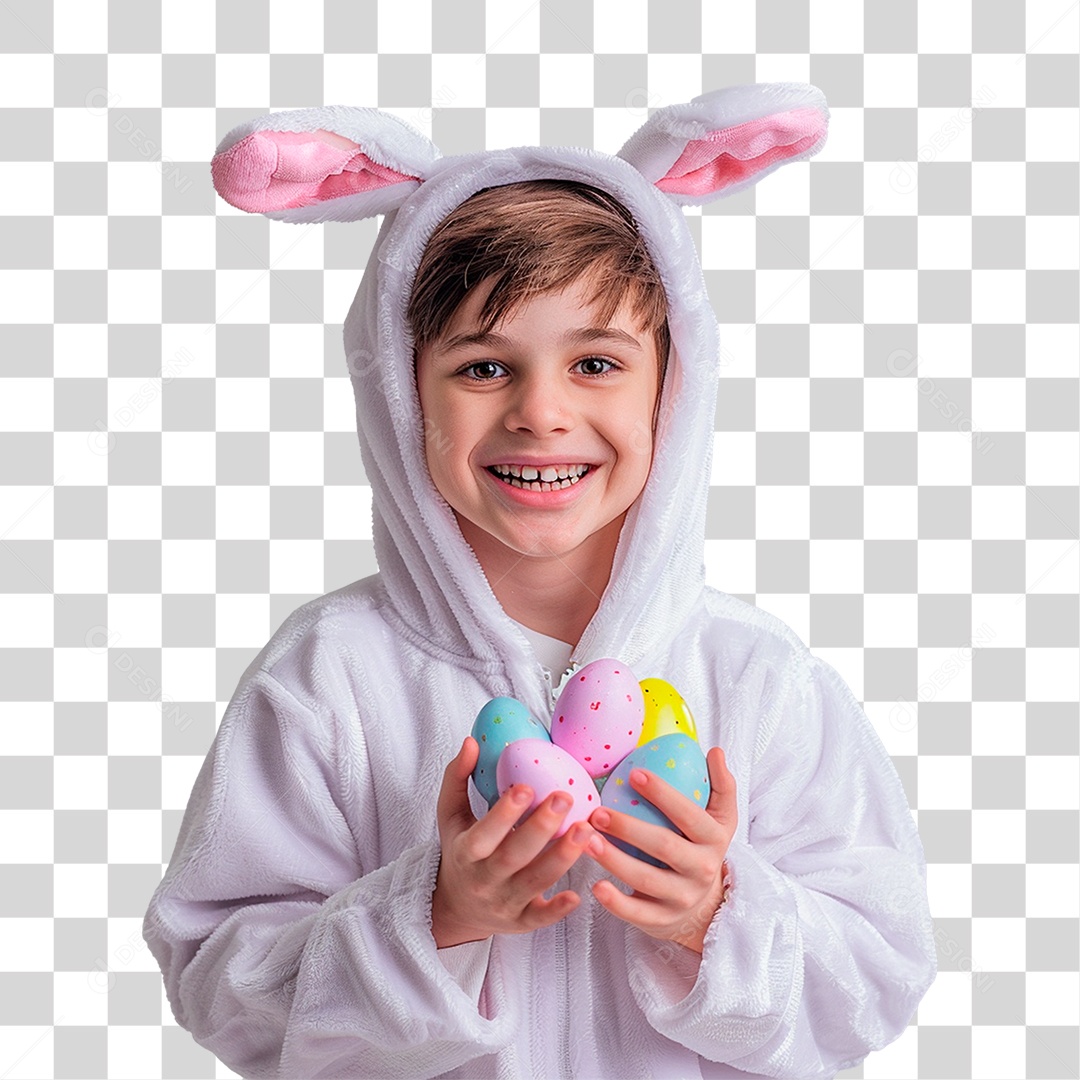 Criança Sorrindo com Orelhas de Coelho de Pelúcia e Pijama PNG Transparente