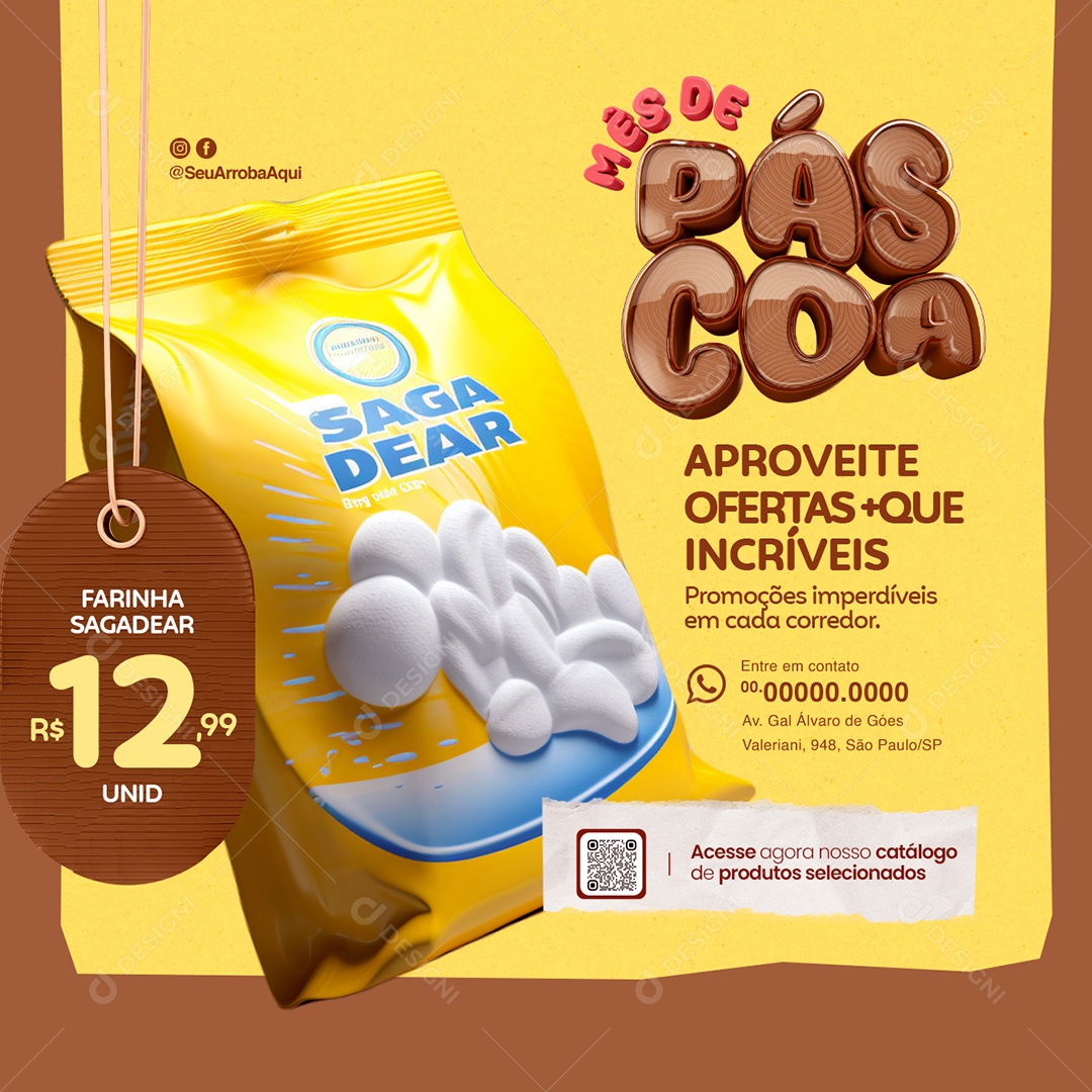 Mês de Páscoa Supermercado Farinha Sagadear Aproveite Ofertas Social Media PSD Editável