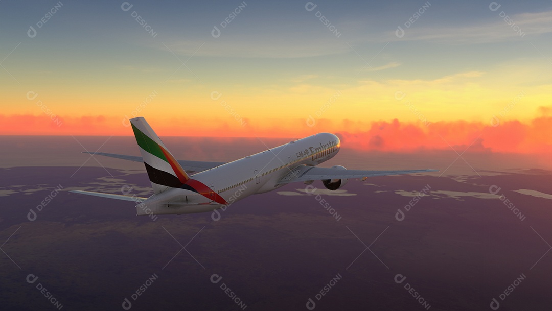 Emirates Boeing 777 voando sobre o céu